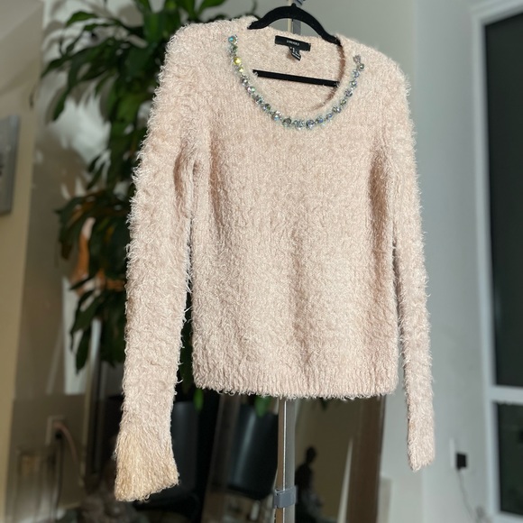Forever 21 Sweaters - Pink jewel fluffy sweater gemstone collar fuzzy